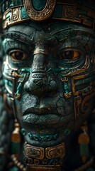 Obraz premium Enigmatic Mayan Deity Statue:Captivating Basalt Carving Adorned with Intricate Jewelry in Moody Cinematic Lighting