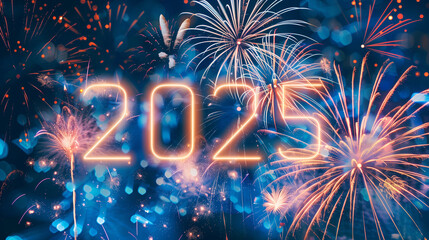 2025 Happy New Year logo text design. 2025 number design with fire  works.