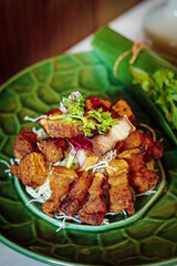 Traditional Thai food on black background, oriental food concept. Top view, flat lay, panorama.