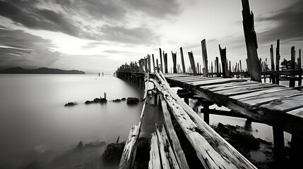 Calm scene in black and white with abandoned jetty at Teluk Tempoyak, Penang, Malaysia. black and white