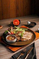 Traditional Thai food on black background, oriental food concept. Top view, flat lay, panorama.