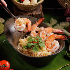 Traditional Thai food on black background, oriental food concept. Top view, flat lay, panorama.
