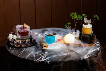 Traditional Thai food on black background, oriental food concept. Top view, flat lay, panorama.