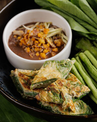 Traditional Thai food on black background, oriental food concept. Top view, flat lay, panorama.