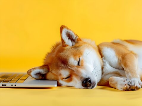 Shiba Inu Finds Tranquility While Using Laptop in a Serene Pastel Yellow Home Office