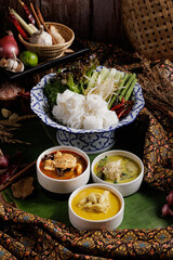 Traditional Thai food on black background, oriental food concept. Top view, flat lay, panorama.