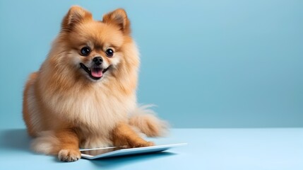 Pomeranian Engrossed in Tablet Interaction on Pastel Blue Background