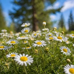 Fototapeta premium Beautiful blurred spring background nature with blooming glade chamomile, trees and blue sky on a sunny day.
