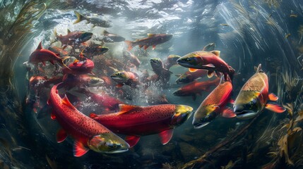 A group of salmon, swirling together in a mesmerizing display of synchronized swimming