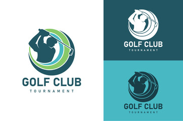 Logo for golf club tournament. The logo features a man holding a golf club and a ball. The logo is blue and green, and is circular