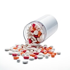 Pill bottle spilling pills on to surface isolated on a white background
