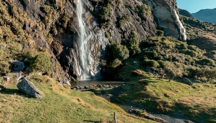 Waterfall on a farm in Wanaka, Mt Aspiring, Otago, New Zealand.
