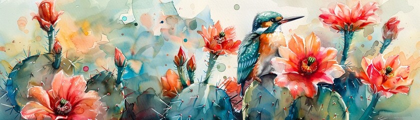 Cactus bird with cactus wings and a spiny beak, perched on a flowering cactus plant, Watercolor, Bright Greens and Reds, Fluid Strokes, Whimsical details