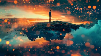An otherworldly landscape of floating islands with a figure standing on one staring at the endless sky above and contemplating the limitless potential of digital currency.
