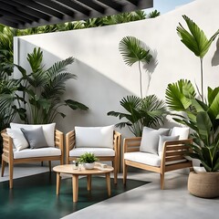  Terrace with outdoor furniture - sofa and armchair. Shade gazebo and palm trees. Exotic backyard garden. Sunny day on the veranda patio. 3d rendering 