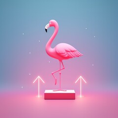 Fototapeta premium 3D rendering of a pink flamingo statue on a pedestal with neon arrows in a pastel background, symbolizing elegance and modern art.