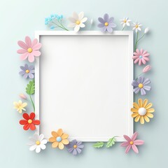 Square white frame surrounded by colorful flowers on blue background. Perfect for invitations, greeting cards, or decorative purposes.