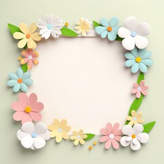 Colorful paper flowers frame in pastel colors, ideal for spring-themed designs, invitations, and greeting cards.