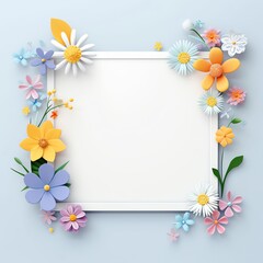 Obraz premium Colorful floral frame with paper flower decorations on a light blue background, perfect for spring and summer designs or greeting cards.