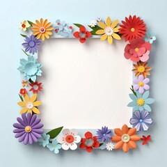 Colorful paper flower frame on light background, perfect for spring or summer designs and craft projects. Blank center for text or images.