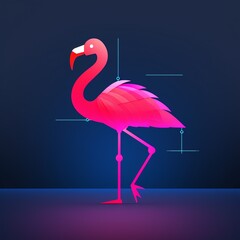 Obraz premium Digital illustration of a vibrant pink flamingo standing on one leg against a dark blue background, highlighting its elegant form and bright colors.