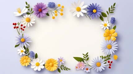 Fototapeta premium Colorful floral frame on pink background with blank white space for text or message, perfect for spring or summer greeting cards.