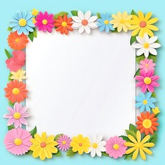 Obraz premium Colorful paper flower frame with a blank white center on a light blue background. Perfect for invitations, cards, and spring themes.