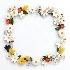 Obraz premium Square floral frame made of colorful daisy flowers on white background, perfect for invitations, greetings, and decorative projects.