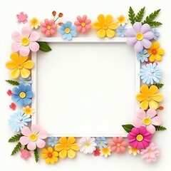 Colorful floral frame with pastel flowers; perfect for spring designs, invitations, and decorations. Bright and cheerful illustration.