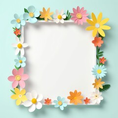 Colorful paper flower frame on light blue background. Perfect for spring and summer themed projects.