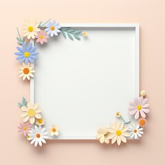 Obraz premium Blank white square frame with pastel floral decorations on a light peach background, perfect for spring and summer-themed designs.