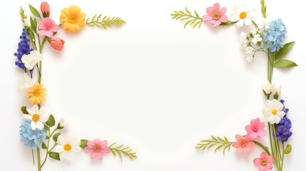 Frame of colorful spring flowers on a white background. Perfect for invitations, greeting cards, or seasonal designs.