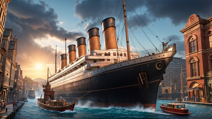A majestic vessel forever etched in history: The RMS Titanic, captured in a captivating artist's rendering