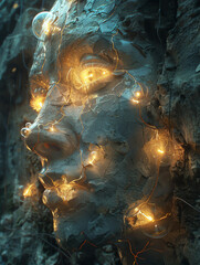 Surreal digital art of a face embedded in rock, illuminated by glowing lights, creating a mystical and otherworldly atmosphere.