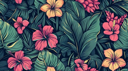 Seamless pattern of hand-drawn tropical leaves and exotic flowers, showcasing a lush and relaxing summer style