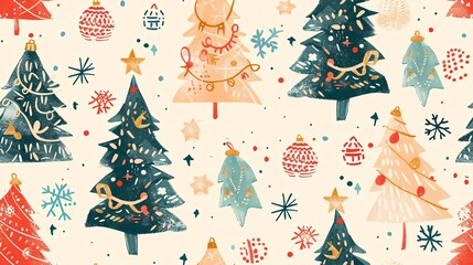 Seamless pattern of hand-drawn Christmas trees and ornaments, creating a festive and whimsical holiday design
