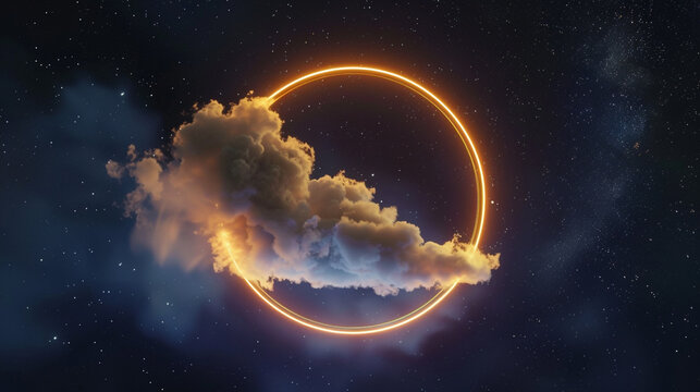 A swirling cloud in a dark night sky framed by an electric cream neon light ring, 3D,