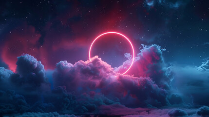 Rose neon light ring casts a warm glow on a cloud in a dark 3D night sky landscape,
