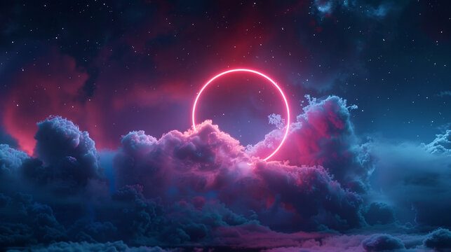 Rose neon light ring casts a warm glow on a cloud in a dark 3D night sky landscape,