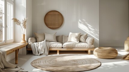 Modern Minimalist Bohemian Living Room with Natural Decor and Sunlight