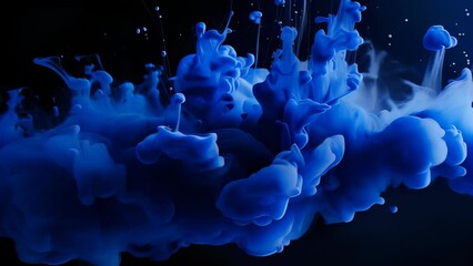 Blue ink clouds billow and swirl in water against a black background, forming an abstract and captivating scene. The soft, billowing shapes and deep blue hues create a sense of depth and mystery.