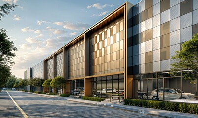 Obraz premium modern warehouse industrial park exteriors with shinny board panels on the walls