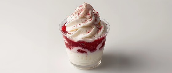 vanilla frozen dessert with strawberry syrup in a transparent cup isolated on a minimal and neutral background