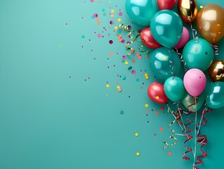 Carnival Atmosphere Fills the Air with Balloons and Streamers on a Minimalist Teal Background