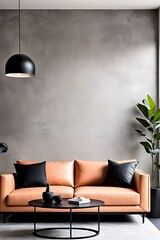  Peach fuzz trend color year 2024 in the premium livingroom. Painted mockup wall for art - microcement pastel beige taupe colour. Modern room design interior lounge. Accent apricot pillows. 3d render 