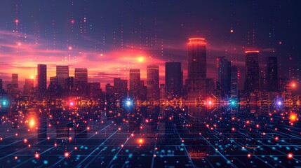 Futuristic Digital Cityscape at Sunset Illuminated by Neon Lights and Data Streams
