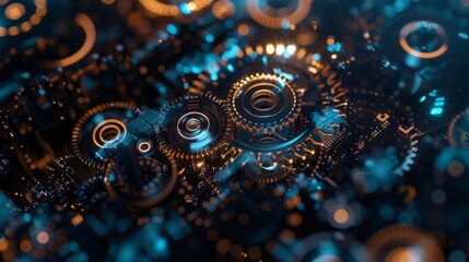 An aerial view of a bustling crypto exchange with digital gears and cogs powering the transactions.