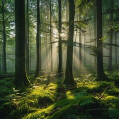 serene morning in misty forest sunbeams filtering through trees tranquil nature scene lush greenery...