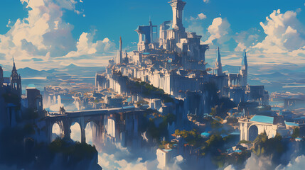 fantasy kingdom city, anime style illustration