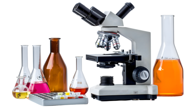 Laboratory microscope with chemical isolated on a transparent background, PNG, Ai